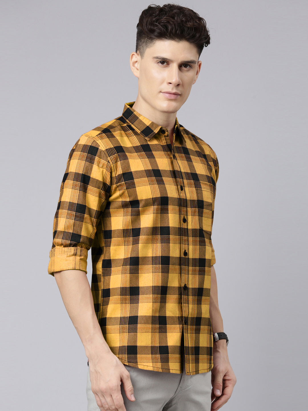 Men Mustard And Black Checkered Pure Cotton Full Sleeve Casual Shirt
