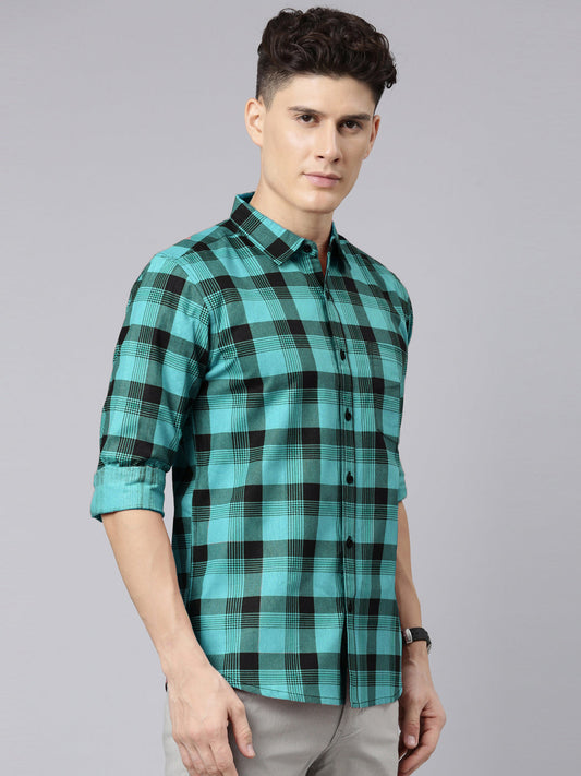 Men Teal Green And Black Checkered Pure Cotton Full Sleeve Casual Shirt
