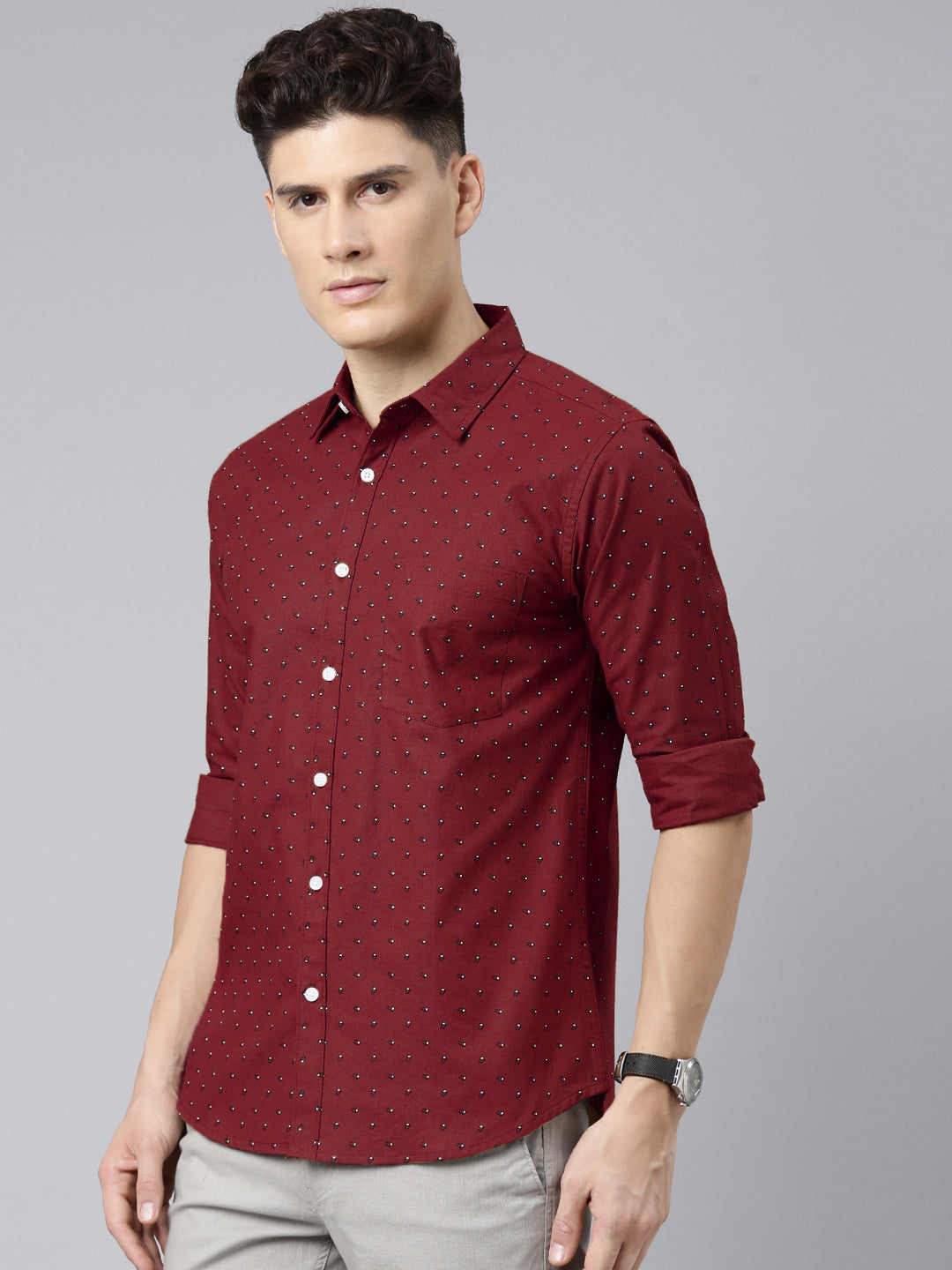 Men Maroon Printed Pure Cotton Full Sleeve Casual Shirt