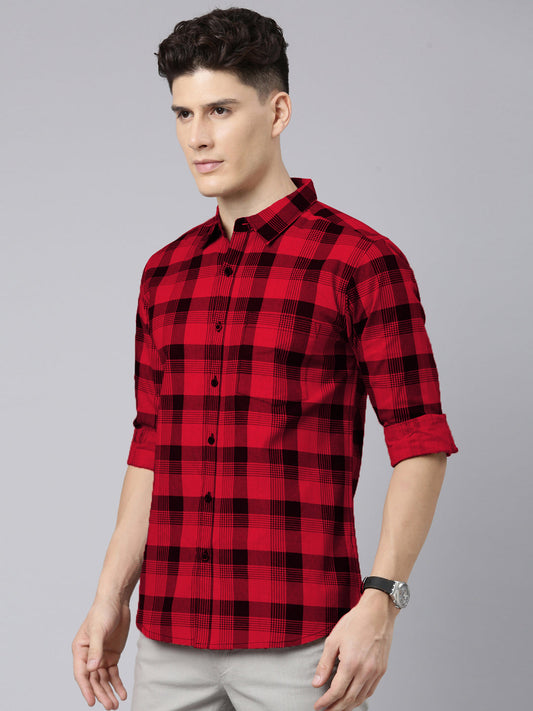 Men Red And Black Checkered Pure Cotton Full Sleeve Casual Shirt