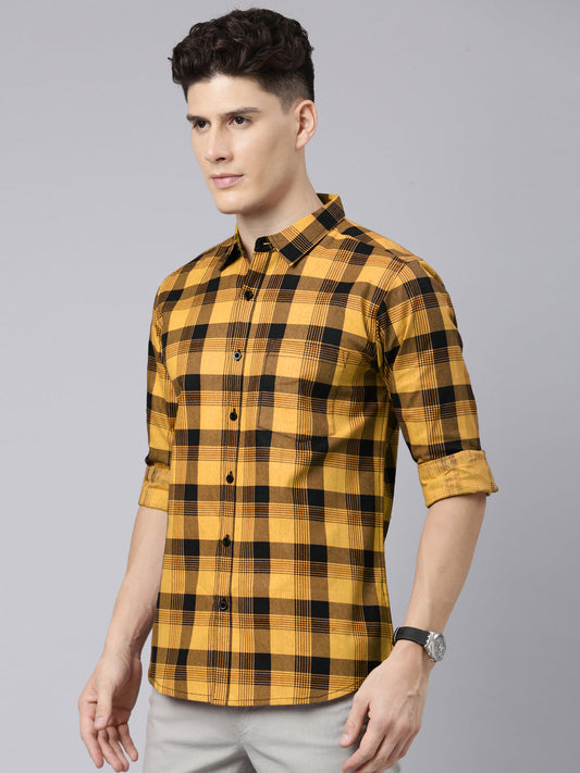 Men Mustard And Black Checkered Pure Cotton Full Sleeve Casual Shirt