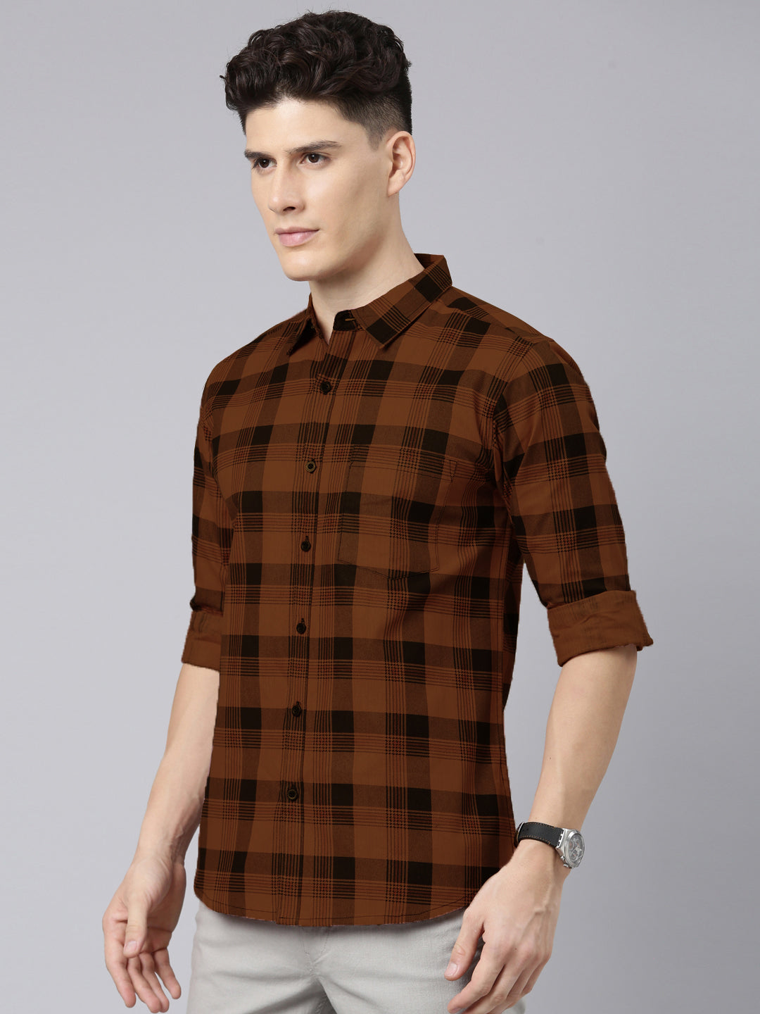 Men Brown And Black Checkered Pure Cotton Full Sleeve Casual Shirt