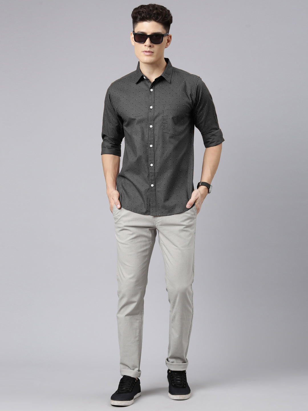 Men Dark Grey Printed Pure Cotton Full Sleeve Casual Shirt