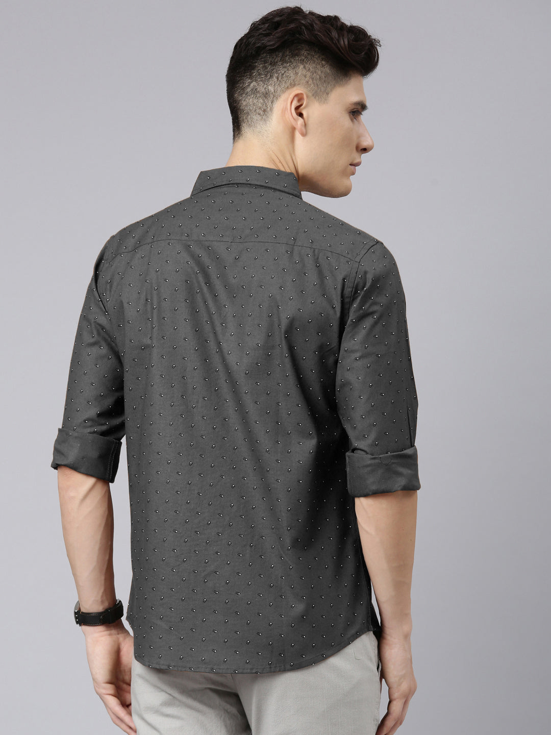 Men Dark Grey Printed Pure Cotton Full Sleeve Casual Shirt