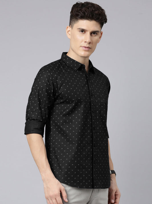 Men Black Printed Pure Cotton Full Sleeve Casual Shirt