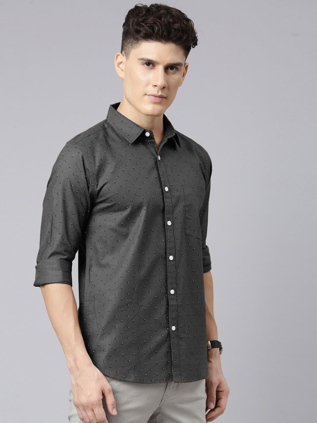 Men Dark Grey Printed Pure Cotton Full Sleeve Casual Shirt