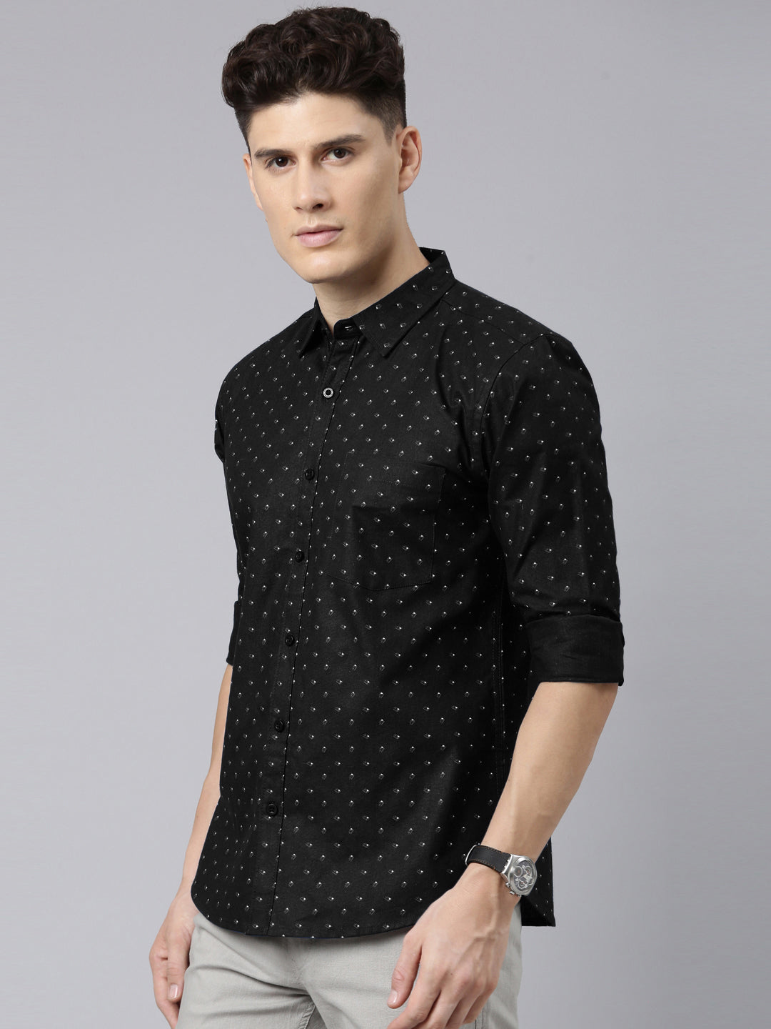 Men Black Printed Pure Cotton Full Sleeve Casual Shirt