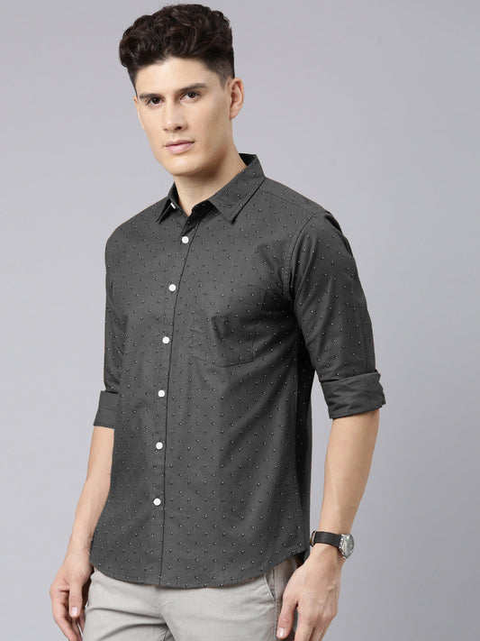 Men Dark Grey Printed Pure Cotton Full Sleeve Casual Shirt