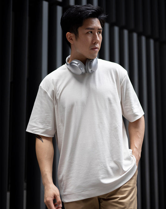 Broon Men Solid White Oversize Round Neck T-Shirt