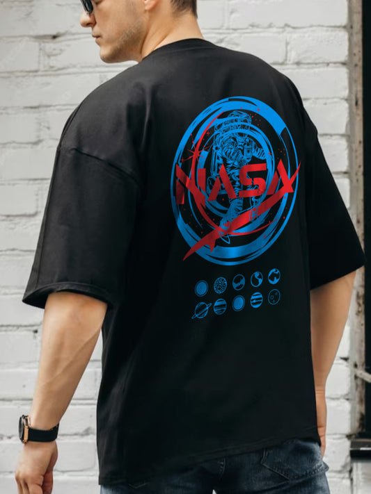 Broon Men Black Printed Oversize Round Neck T-Shirt