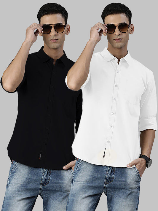 Men's Black and White Solid Full Sleeve Slim Fit Casual Shirts Pack of 2