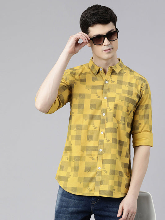 Men Yellow Printed Pure Cotton Full Sleeve Casual Shirt