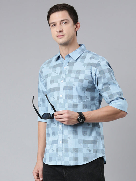 Men Light Blue Printed Pure Cotton Full Sleeve Casual Shirt