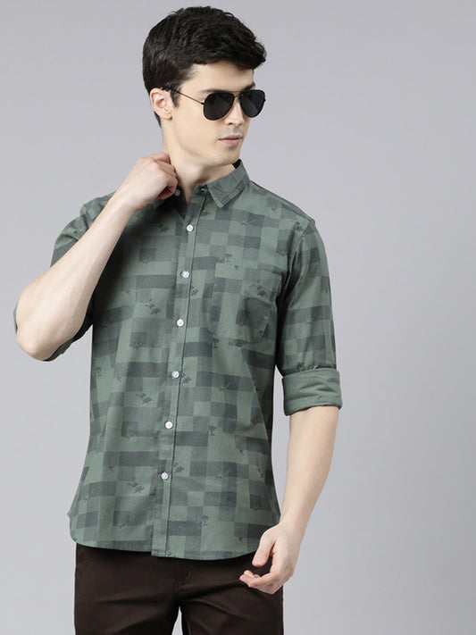 Men Olive Green Printed Pure Cotton Full Sleeve Casual Shirt