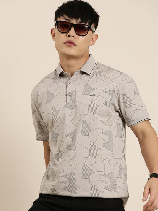 Mercerised Cotton Polo Collar Printed Tshirt in Steel Grey