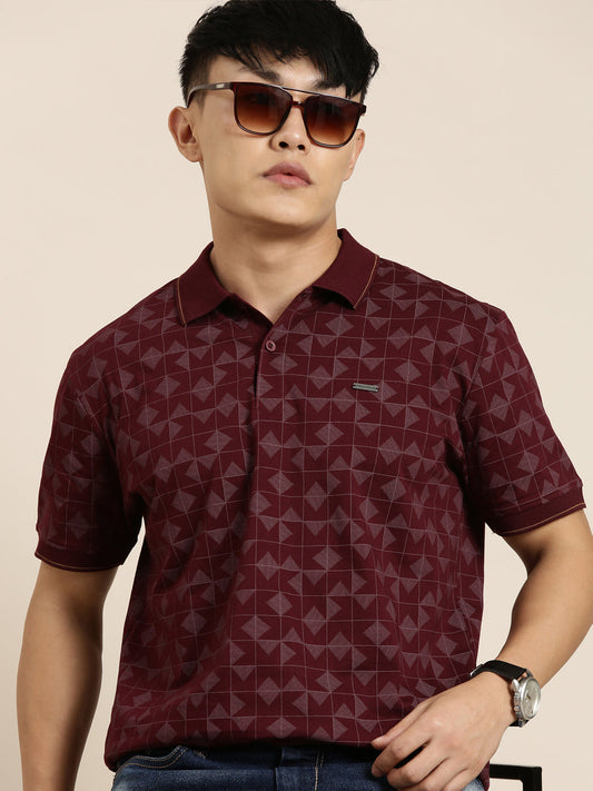 Mercerised Cotton Polo Collar Printed Tshirt in Wine