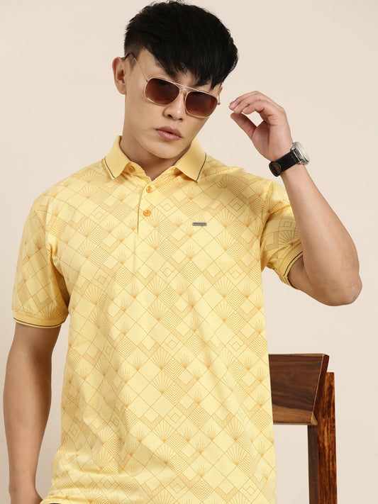 Mercerised Cotton Polo Collar Printed Tshirt in Yellow
