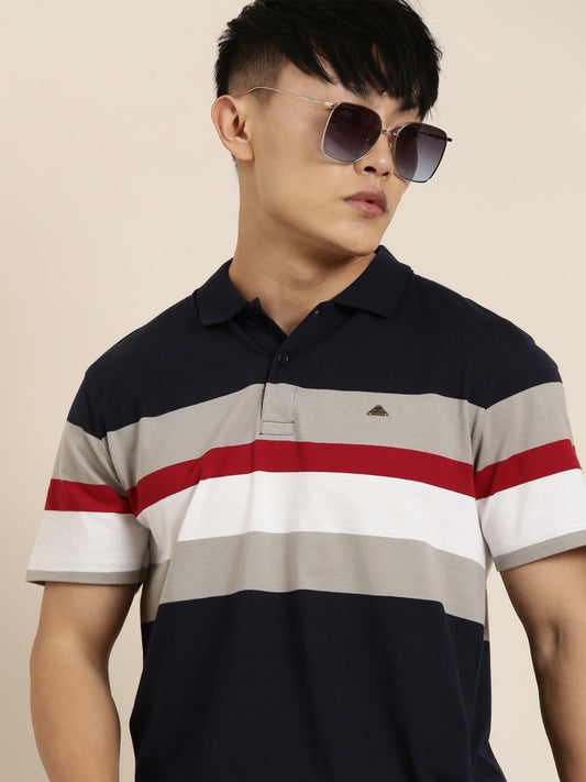 Men's Casual Navy Blue Striped Polo Collar T-Shirt