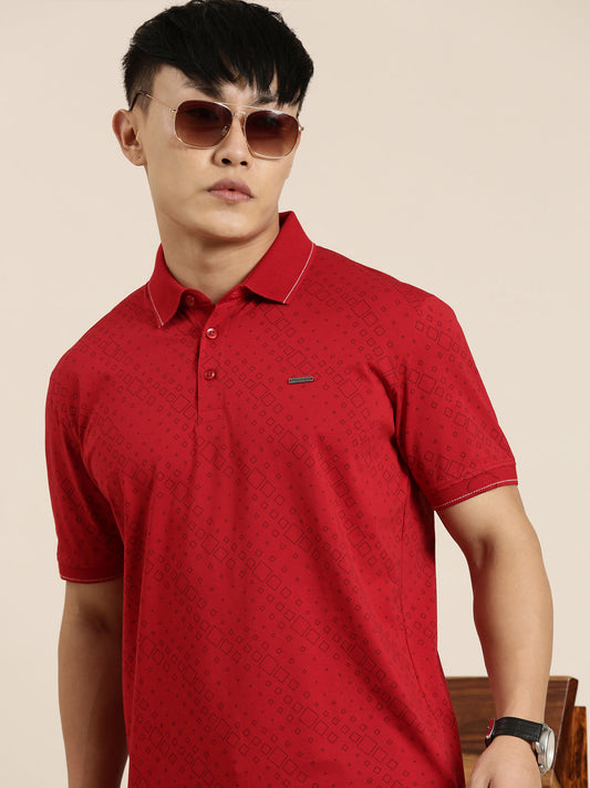 Mercerised Cotton Polo Collar Printed Tshirt in Red