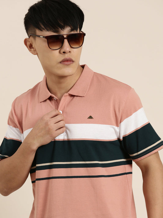 Men's Casual Light Orange Striped Polo Collar T-Shirt