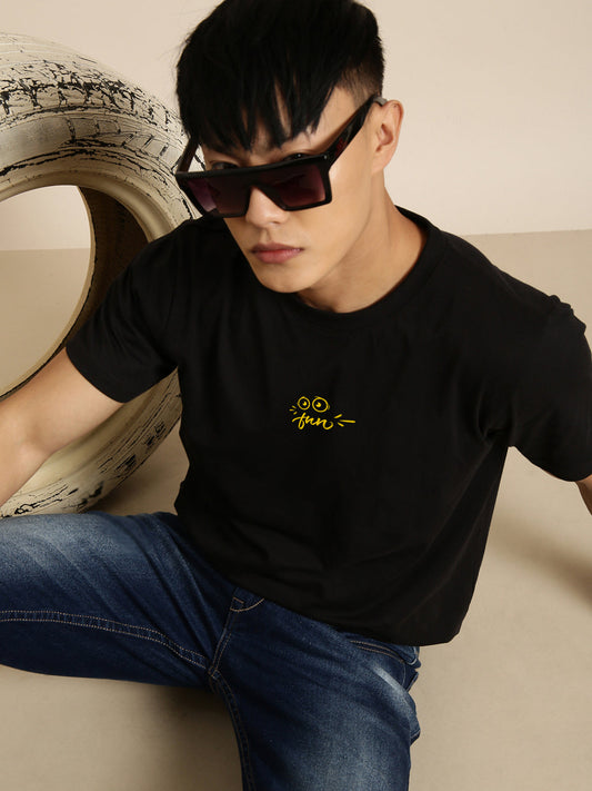 JOVEN Men Black Printed Pure Cotton Oversize Tshirt