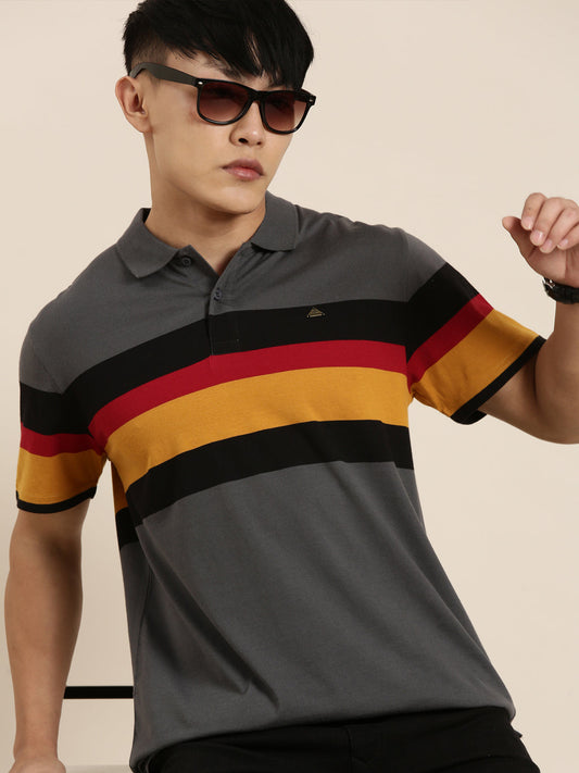 Men's Casual Dark Grey Striped Polo Collar T-Shirt