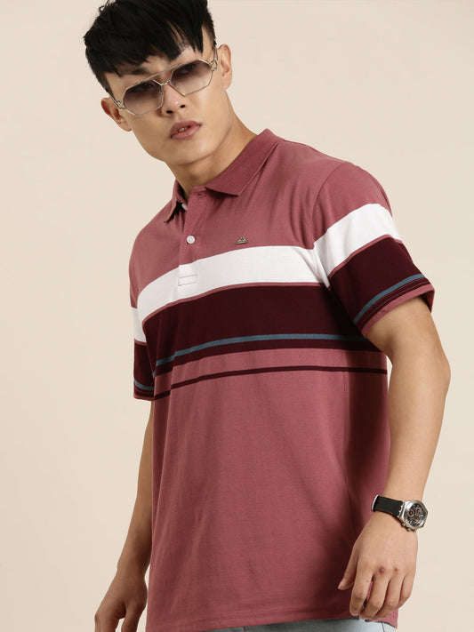 Men's Casual Light Wine Striped Polo Collar T-Shirt