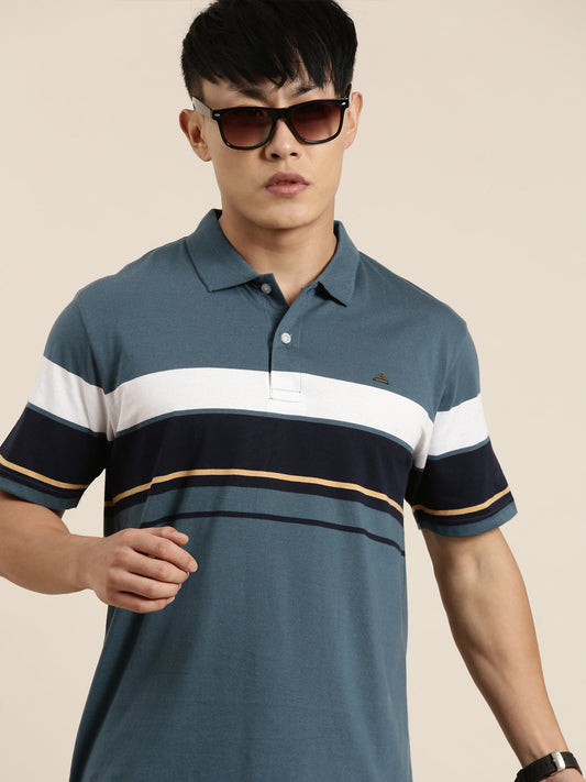Men's Casual Denim Blue Striped Polo Collar T-Shirt