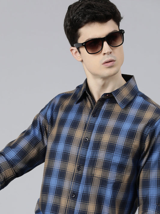 JOVEN Men Checked Pure Cotton Full Sleeve Casual Shirt