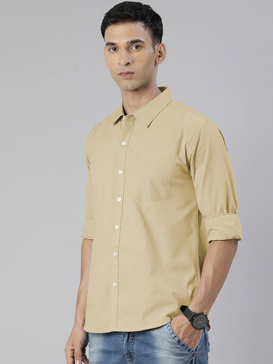 Men's Beige Solid Full Sleeve Slim Fit Casual Shirt