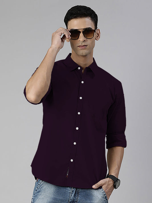 Men's Wine Solid Full Sleeve Slim Fit Casual Shirt