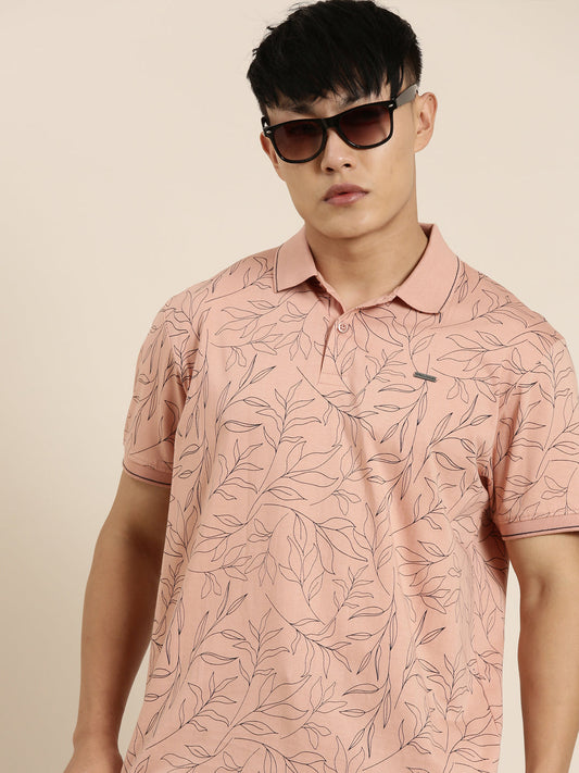 Mercerised Cotton Polo Collar Printed Tshirt in Peach