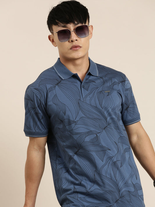 Mercerised Cotton Polo Collar Printed Tshirt in Denim Blue