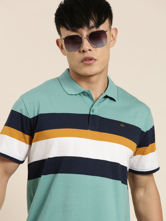 Men's Casual Green Striped Polo Collar T-Shirt