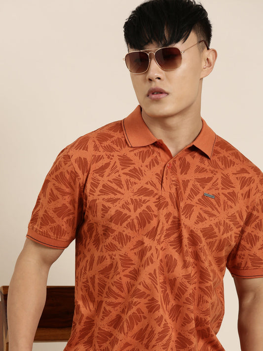 Mercerised Cotton Polo Collar Printed Tshirt in Rust