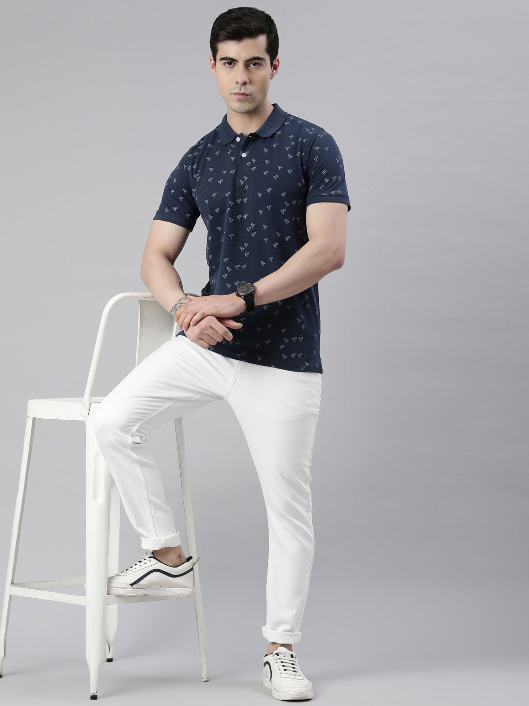 Men's Denim Blue Printed Polo Collar T-Shirt