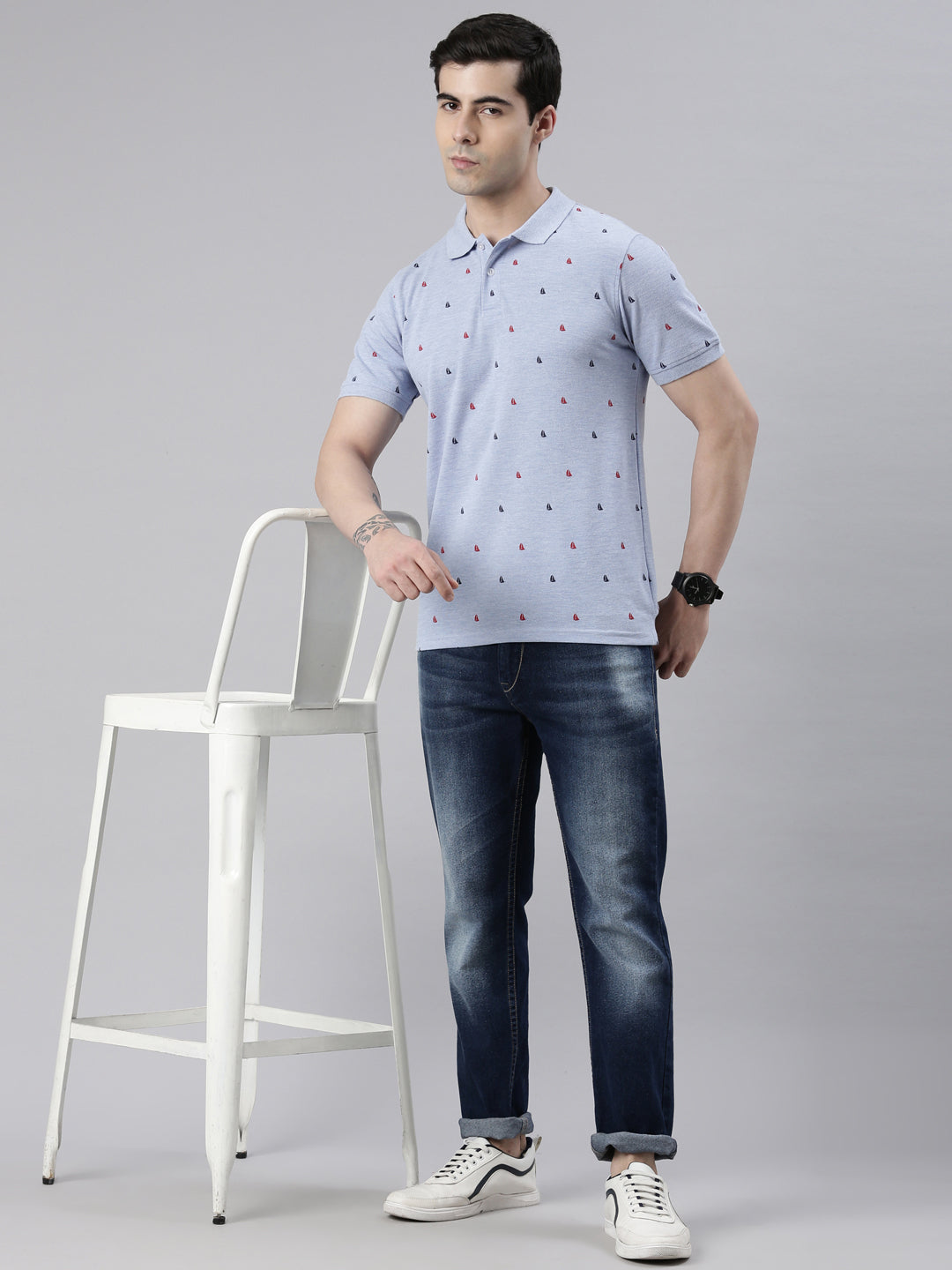 Men's Sky Blue Printed Polo Collar T-Shirt