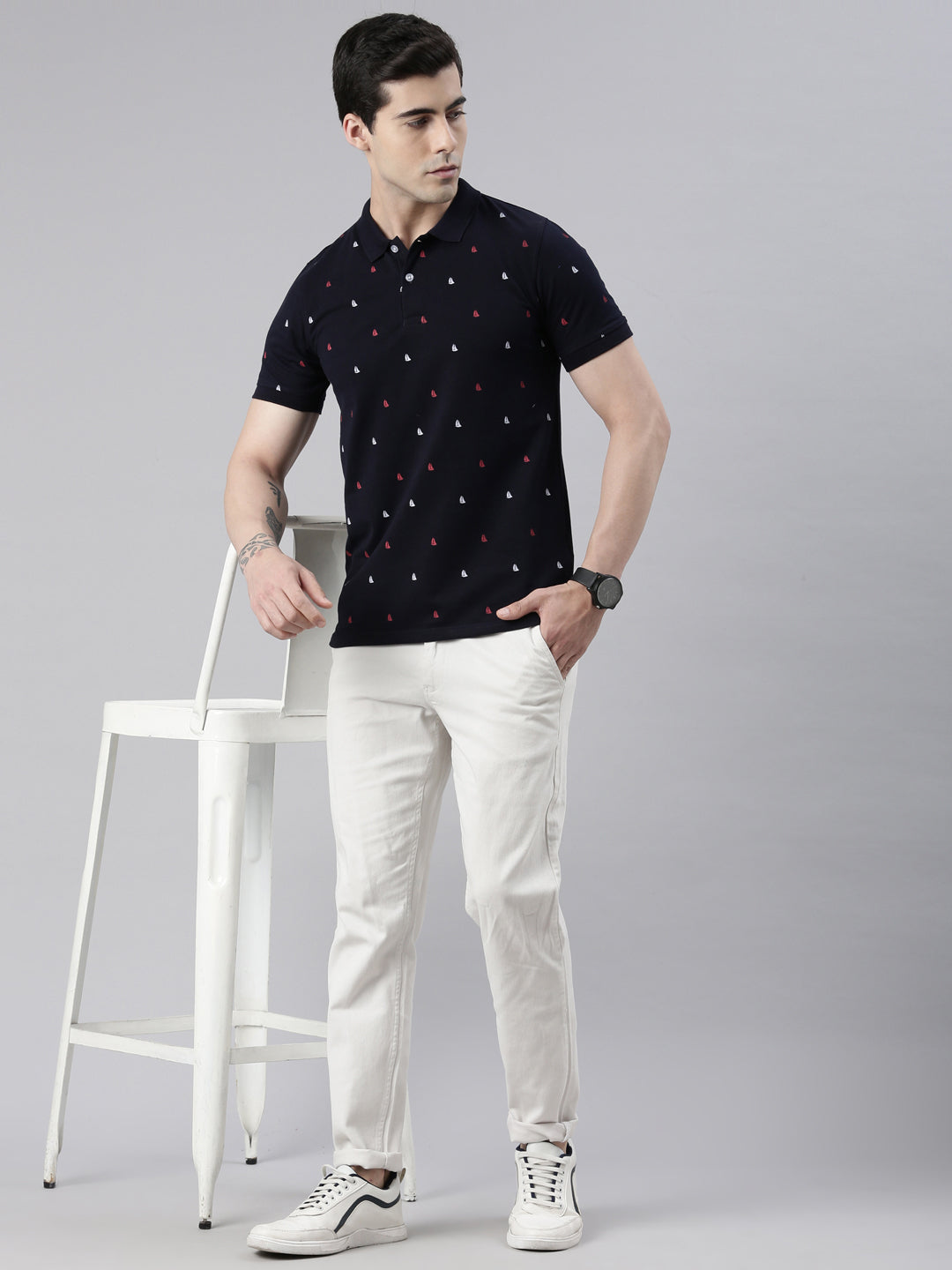 Men's Navy Blue Printed Polo Collar T-Shirt