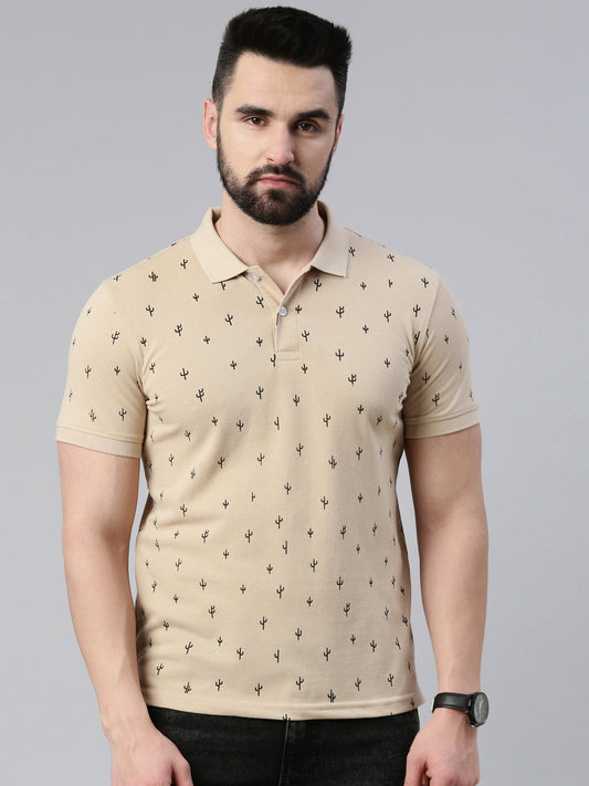 Men's Beige Printed Polo Collar T-Shirt