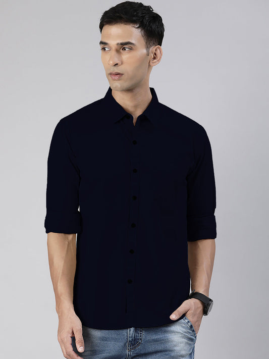 Men's Navy Blue Solid Full Sleeve Slim Fit Casual Shirt