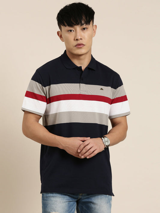 Men's Casual Navy Blue Striped Polo Collar T-Shirt