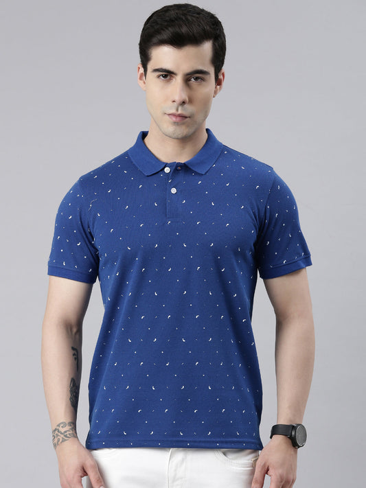 Men's Royal Blue Printed Polo Collar T-Shirt