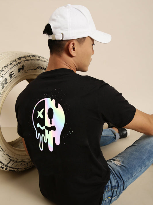 JOVEN Men Black Printed Pure Cotton Oversize Tshirt