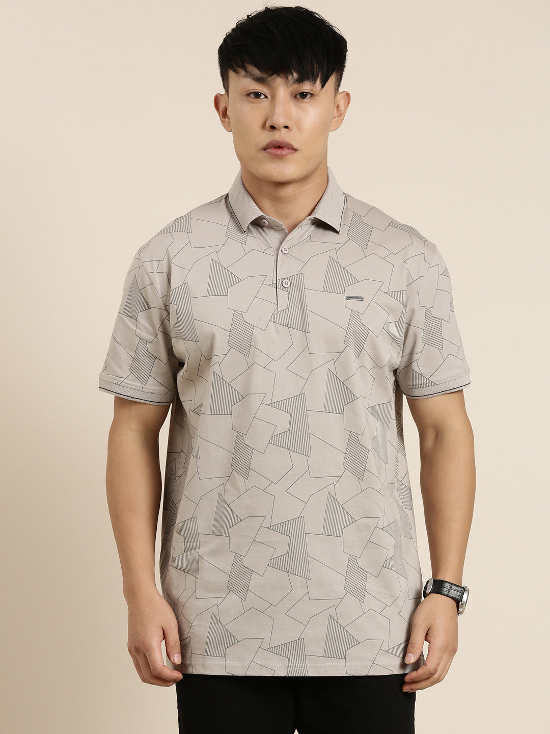 Mercerised Cotton Polo Collar Printed Tshirt in Steel Grey