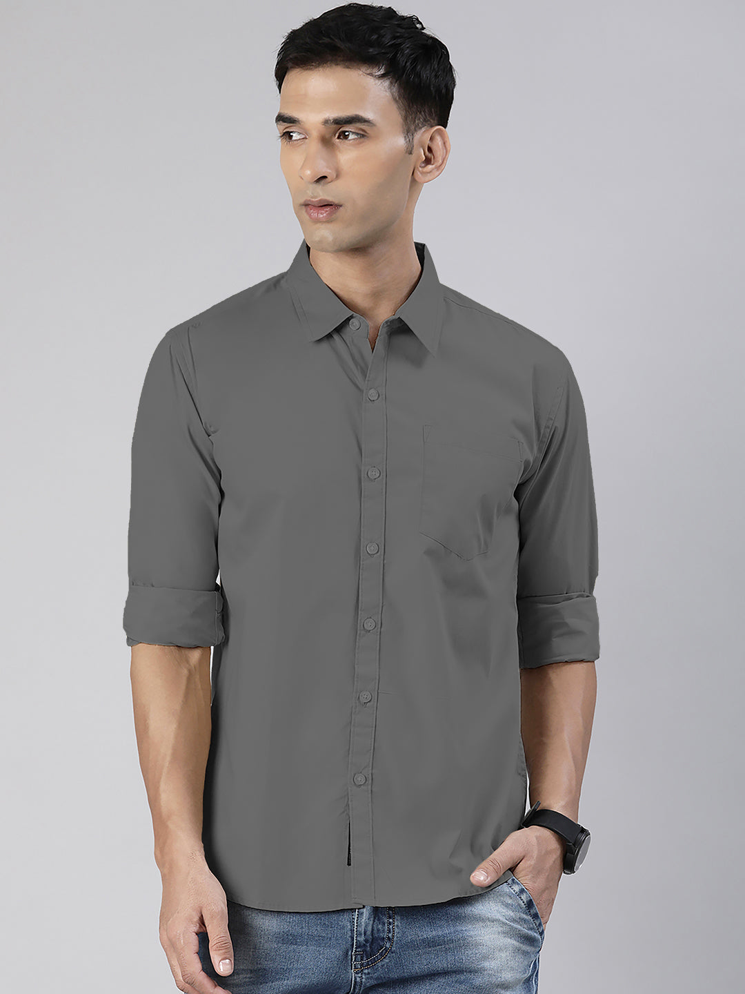 Men's Dark Grey Solid Full Sleeve Slim Fit Casual Shirt