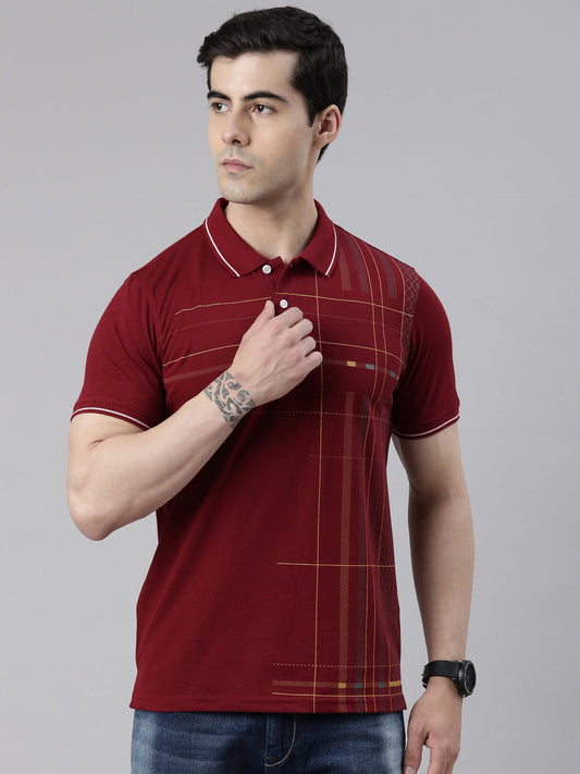 Men's Maroon Printed Polo Collar T-Shirt