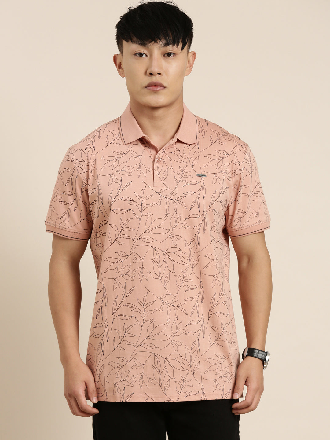 Mercerised Cotton Polo Collar Printed Tshirt in Peach