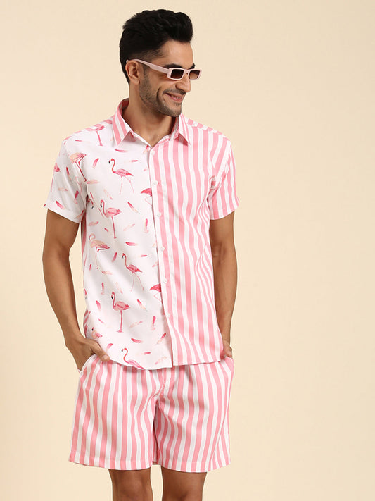 Joven Men's Pink And White Printed Co-Ords Set