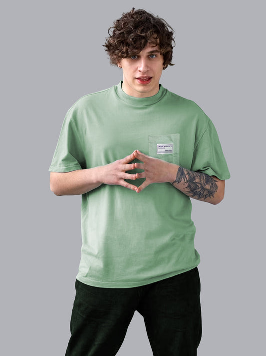 JOVEN Men Light Green Printed Pure Cotton Oversize Tshirt