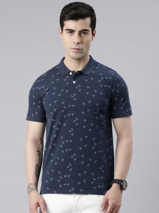 Men's Denim Blue Printed Polo Collar T-Shirt